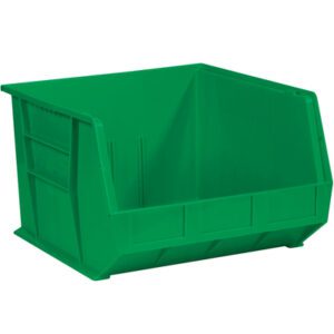The MH-USA 18 x 16 1/2 x 11 Green Plastic Stack & Hang Bin Boxes are ideal for organizing workshops or warehouses. Each bin has a rectangular shape, open front, reinforced sides, and a slightly sloped access point. Sold as a set of three bins per case.