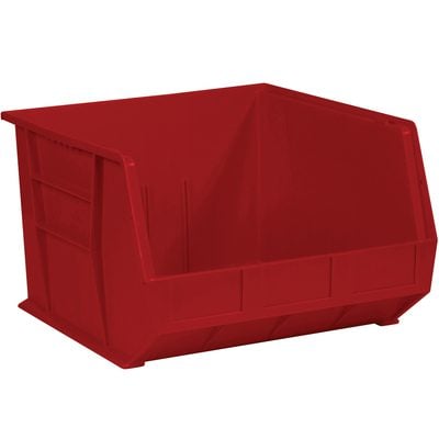 BINP1816R.jpg The MH-USA 18 x 16.5 x 11 Red Plastic Stack & Hang Bin Boxes provide an efficient storage solution with a slanted open front for easy access and solid sides for space maximization. Each case includes three bins, perfect for organizing small items.