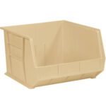 The MH-USA 18 x 16.5 x 11 Ivory Plastic Stack & Hang Bin Boxes come in beige with reinforced sides and a wide open front, ideal for storage or organization. Each case contains three easily stackable bins for efficient space-saving.