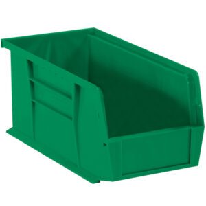 The MH-USA Green Plastic Stack & Hang Bin Boxes, 18 x 8.25 x 9, come in a set of six and feature slanted open fronts with reinforced sides, ideal for organizing small parts or tools.