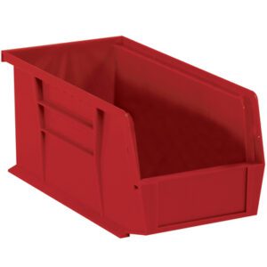 The MH-USA 18 x 8 1/4 x 9 Red Plastic Stack & Hang Bins, sold as 6 bins per case, offer an open front and sloped sides for easy organization. Indented side grips ensure convenient handling and stacking, making them a practical storage solution for small items.