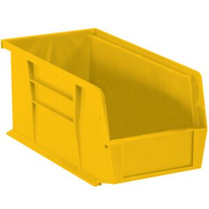 The MH-USA 18 x 8 1/4 x 9 Yellow Plastic Stack & Hang Bin Boxes offer open-front access, solid sides, and a convenient lip for handling. Sold in cases of six, these rectangular bins are perfect for organizing items.