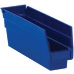 The MH-USA 11 5/8 x 2 3/4 x 4 Blue Plastic Shelf Bin Boxes, available in cases of 36, feature a sloped open front for organizing small items and provide efficient storage solutions.