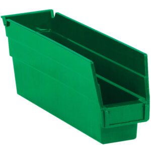 The MH-USA 11 5/8 x 2 3/4 x 4 Green Plastic Shelf Bin Boxes (36 Bins/Case) have an open front and slanted top, ideal for organizing small items with easy access.