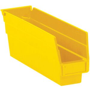 Perfect for organizing small items, the MH-USA 11 5/8 x 2 3/4 x 4 yellow plastic shelf bins feature an open front and tapered sides. Ideal for any workspace, these versatile storage solutions come in a case of 36 bins.