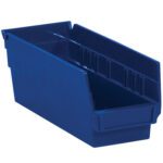The MH-USA blue plastic shelf bin boxes measure 11 5/8 x 4 1/8 x 4, featuring an open front and grooved sides for organizing small items in workshops or garages. Sold in cases of 36, these durable, rectangular storage solutions offer convenient organization.