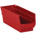The MH-USA red plastic shelf bin box, with dimensions of 11 5/8 x 4 1/8 x 4, features a durable rectangular shape with an open front and ribbed interior for organizing small items. Angled for easy access, it comes in cases containing 36 bins.