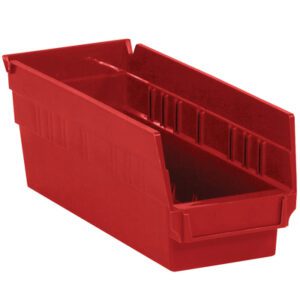 The MH-USA red plastic shelf bin box, with dimensions of 11 5/8 x 4 1/8 x 4, features a durable rectangular shape with an open front and ribbed interior for organizing small items. Angled for easy access, it comes in cases containing 36 bins.