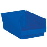 The MH-USA 11 5/8 x 6 5/8 x 4 blue plastic shelf bin, available in a case of 30, features an open front and stackable design for organizing small items—ideal for efficient shelf management.