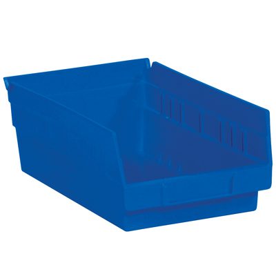 BINPS103B.jpg The MH-USA 11 5/8 x 6 5/8 x 4 blue plastic shelf bin, available in a case of 30, features an open front and stackable design for organizing small items—ideal for efficient shelf management.