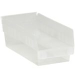 Introducing the MH-USA 11 5/8 x 6 5/8 x 4 Clear Plastic Shelf Bin Boxes, designed with an open front and stackable feature. Maximize your space with these practical solutions, available in cases of 30 bins for efficient organization.
