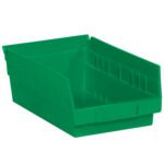 The MH-USA shelf bin box, measuring 11 5/8 x 6 5/8 x 4, features an open front for easy access and efficient organization. Sold in cases of 30 green plastic bins, its perfect for tidying up any setup.
