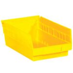 The MH-USA 11 5/8 x 6 5/8 x 4 yellow plastic shelf bin has an open front and ridged sides. Sold in cases of 30 bins, this stackable solution is ideal for organizing small items in workshops, garages, or storage areas.