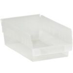 The MH-USA 11 5/8 x 8 3/8 x 4 Clear Plastic Shelf Bin Boxes, sold in cases of 20, are stackable with an open front for organizing and feature slightly raised sides and a smooth surface for easy access.