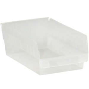 The MH-USA 11 5/8 x 8 3/8 x 4 Clear Plastic Shelf Bin Boxes, sold in cases of 20, are stackable with an open front for organizing and feature slightly raised sides and a smooth surface for easy access.