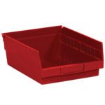 The MH-USA 11 5/8 x 11 1/8 x 4 Red Plastic Shelf Bin Boxes, with open fronts and raised sides, are perfect for organizing tools or small items. Each red bin features a handle for easy gripping and is available in cases of eight for efficient organization.
