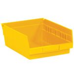 The MH-USA 11 5/8 x 11 1/8 x 4 Yellow Plastic Shelf Bin Boxes (8 Bins/Case) feature a rectangular shape with an open front, vertical ridges for stacking or labeling, ideal for efficient small item organization.