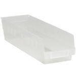 The MH-USA 17 7/8 x 4 1/8 x 4 clear plastic shelf bin boxes, available in cases of 20, have a rectangular shape with sloped sides for easy access and a transparent surface that reveals the inner sections, making them ideal for organizing small items.