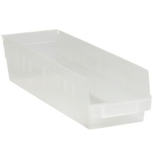 The MH-USA 17 7/8 x 4 1/8 x 4 clear plastic shelf bin boxes, available in cases of 20, have a rectangular shape with sloped sides for easy access and a transparent surface that reveals the inner sections, making them ideal for organizing small items.