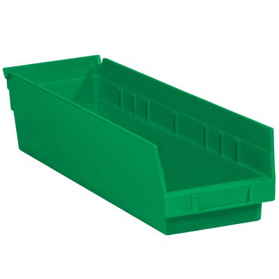 BINPS111G.jpg The MH-USA 17 7/8 x 4 1/8 x 4 Green Plastic Shelf Bin Boxes, with open fronts and raised sides, are perfect for organizing small items. Available in cases containing 20 bins each.