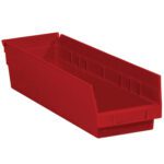 The MH-USA 17 7/8 x 4 1/8 x 4 red plastic shelf bin boxes feature a sloped front and side grips, making them perfect for organizing small parts or tools. Sold in cases of 20, they ensure your workspace remains tidy and efficient.