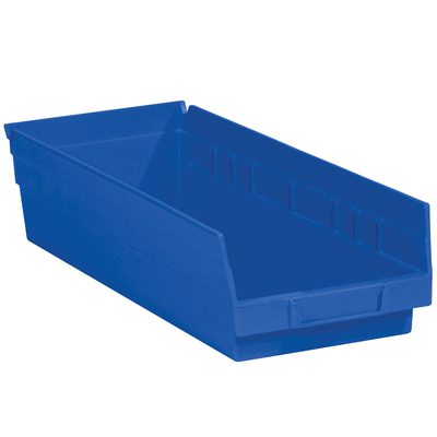BINPS112B.jpg The MH-USA 17 7/8 x 6 5/8 x 4 blue plastic shelf bin boxes have an open front and solid sides for easy access and organization. With a rectangular shape and handle, these bins come in cases of 20, providing ample storage solutions.
