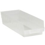 The image features an MH-USA clear plastic shelf bin, measuring 17 7/8 x 6 5/8 x 4 inches, with slight side elevation and open top, empty and angled to show its interior. Perfect for organizing, each case contains 20 bins.