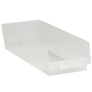 The image features an MH-USA clear plastic shelf bin, measuring 17 7/8 x 6 5/8 x 4 inches, with slight side elevation and open top, empty and angled to show its interior. Perfect for organizing, each case contains 20 bins.