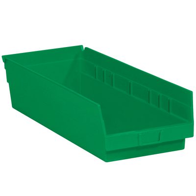BINPS112G.jpg The large green plastic storage bin from the MH-USA 17 7/8 x 6 5/8 x 4 Green Plastic Shelf Bin Boxes (20 Bins/Case) features an open front and raised edges, shown on a white background.