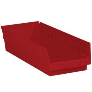 The MH-USA 17 7/8 x 6 5/8 x 4 red plastic shelf bin boxes, available in cases of 20, are rectangular with a slightly angled front opening, reinforced sides, and a flat base for optimal stacking and organization.