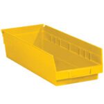 The MH-USA 17 7/8 x 6 5/8 x 4 yellow plastic shelf bin boxes have a rectangular, open-top design with a slanted front and ridged sides for easy access. They come with a case of up to 20 bins, ideal for organized storage solutions.