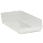 The MH-USA Clear Plastic Shelf Bin Boxes (17 7/8 x 8 3/8 x 4, 10 Bins/Case) feature sloped sides and a flat base. Made from durable material with reinforced ridged edges, they are ideal for space organization.