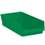 The MH-USA 17 7/8 x 8 3/8 x 4 green plastic shelf bin boxes, sold in a case of ten, have a sloped front for organizing small items. With slightly tapered sides and an open top, they offer easy access and are perfect for tidying up any space.