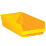 The MH-USA Yellow Plastic Shelf Bin Boxes, sized 17 7/8 x 8 3/8 x 4, have a bright yellow color with an open front and slanted design for easy access. They include side ridges for better grip and are sold as a case containing ten bins.