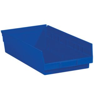 The MH-USA 17 7/8 x 11 1/8 x 4 Blue Plastic Shelf Bin Boxes have an open front and high sides for organizing small items, available in a pack of eight bins per case.