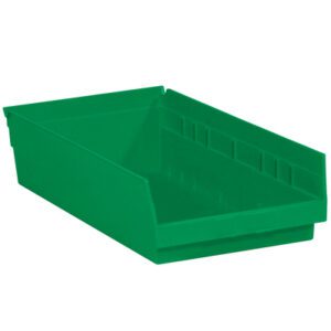 The MH-USA 17 7/8 x 11 1/8 x 4 green plastic shelf bins, sold in a case of eight, feature a slanted opening for easy access and have ridged sides with a solid base for efficient small item storage.