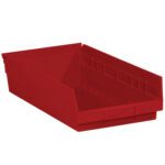 The MH-USA 17 7/8 x 11 1/8 x 4 red plastic shelf bin boxes, with a sloped front for easy access, are perfect for organizing any space. Sold as a case of eight bins.