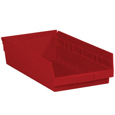 BINPS114R.jpg The MH-USA 17 7/8 x 11 1/8 x 4 red plastic shelf bin boxes, with a sloped front for easy access, are perfect for organizing any space. Sold as a case of eight bins.