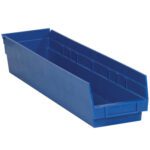 The MH-USA 23 5/8 x 4 1/8 x 4 blue plastic shelf bin boxes, sold as a case of 16 bins, have a smooth finish and raised edges. The open top and front lip allow easy access for efficient item organization on shelves.