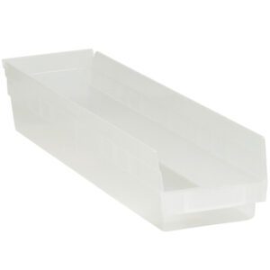 The transparent, rectangular plastic storage bin with raised edges and an open top is perfect for organizing. Its frosted finish adds a slightly opaque look, modeled after the MH-USA 23 5/8 x 4 1/8 x 4 Clear Plastic Shelf Bin Boxes for practical style in any space.
