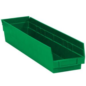 The MH-USA 23 5/8 x 4 1/8 x 4 green plastic shelf bin boxes have a tall back and open front, ideal for organizing small items. Their rectangular shape offers stackable edges and they are sold in cases of 16 bins.