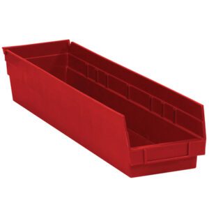 The MH-USA 23 5/8 x 4 1/8 x 4 Red Plastic Shelf Bin Boxes offer a smooth, rectangular design with tall sides and an open front, ideal for organizing small items. Each case contains 16 bins to maximize space efficiently.