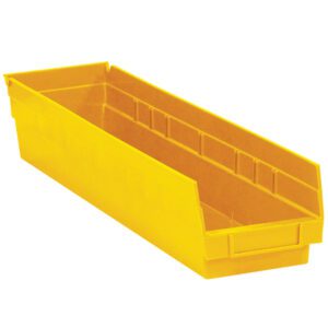The MH-USA 23 5/8 x 4 1/8 x 4 yellow plastic shelf bin boxes feature a rectangular design with an open front, ideal for small item organization. These versatile bins have raised edges and smooth interiors, available in a case of 16 bins.