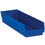 The MH-USA 23 5/8 x 6 5/8 x 4 Blue Plastic Shelf Bin Boxes, sold as eight bins per case, feature an open front ideal for organizing tools or small items, offering practicality and efficiency for workspace needs.