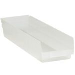 The MH-USA 23 5/8 x 6 5/8 x 4 clear plastic shelf bins feature a see-through, rectangular design with an open top and slanted sides for effortless organization. Stackable and durable, these bins come in a case of eight for efficient storage solutions.