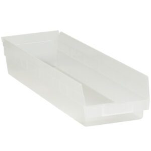 The MH-USA 23 5/8 x 6 5/8 x 4 clear plastic shelf bins feature a see-through, rectangular design with an open top and slanted sides for effortless organization. Stackable and durable, these bins come in a case of eight for efficient storage solutions.