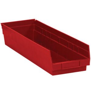 The MH-USA Red Plastic Shelf Bin Boxes feature a slanted design with an angled front for easy tool and supply access, making them perfect for workshop or garage organization.