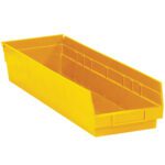 The MH-USA Yellow Plastic Shelf Bin Boxes, measuring 23 5/8 x 6 5/8 x 4, feature angled sides and an open front, perfect for organizing items. Each case contains 8 bins for ample storage.