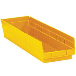 The MH-USA Yellow Plastic Shelf Bin Boxes, measuring 23 5/8 x 6 5/8 x 4, feature angled sides and an open front, perfect for organizing items. Each case contains 8 bins for ample storage.