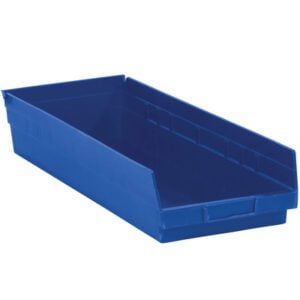 The MH-USA Blue Plastic Shelf Bin Boxes (23 5/8 x 8 3/8 x 4) come in a set of six per case, featuring an open front for organizing tools or small parts and a rectangular design with smooth sides and a lowered edge for easy access and efficient storage.